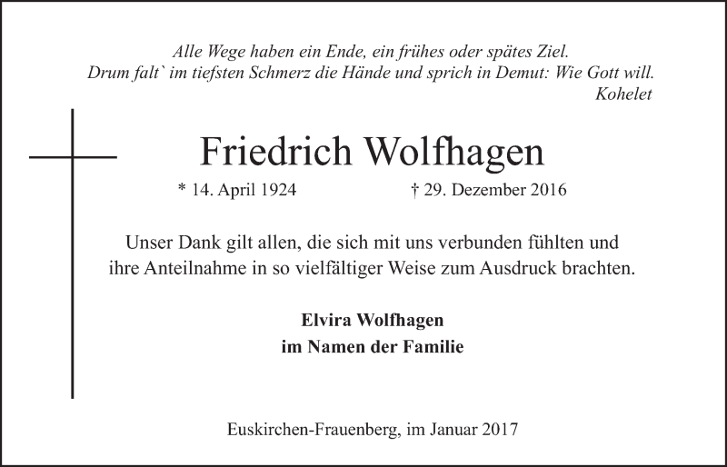  Traueranzeige für Friedrich Wolfhagen vom 28.01.2017 aus  Blickpunkt Euskirchen 