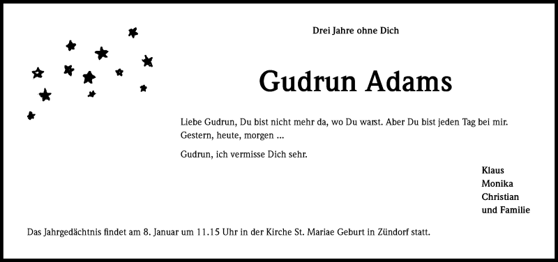  Traueranzeige für Gudrun Adams vom 07.01.2017 aus Kölner Stadt-Anzeiger / Kölnische Rundschau / Express