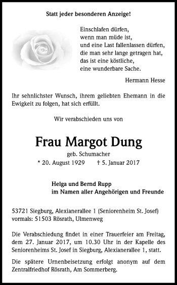 Anzeige von Margot Dung von Kölner Stadt-Anzeiger / Kölnische Rundschau / Express