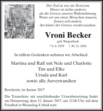 Anzeige von Vroni Becker von  Schaufenster/Blickpunkt  Schlossbote/Werbekurier 