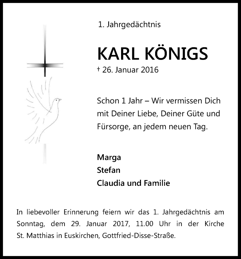  Traueranzeige für Karl Königs vom 26.01.2017 aus Kölner Stadt-Anzeiger / Kölnische Rundschau / Express