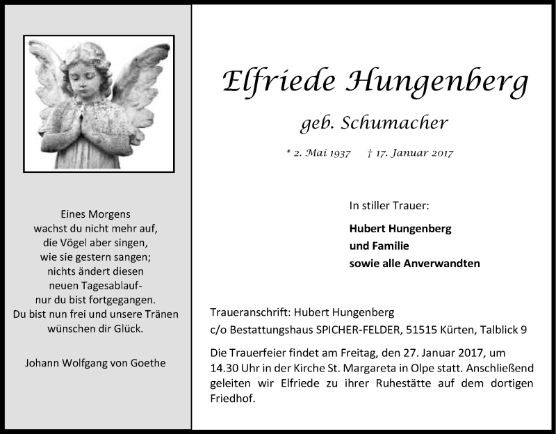  Traueranzeige für Elfiede Hungenberg vom 21.01.2017 aus Kölner Stadt-Anzeiger / Kölnische Rundschau / Express