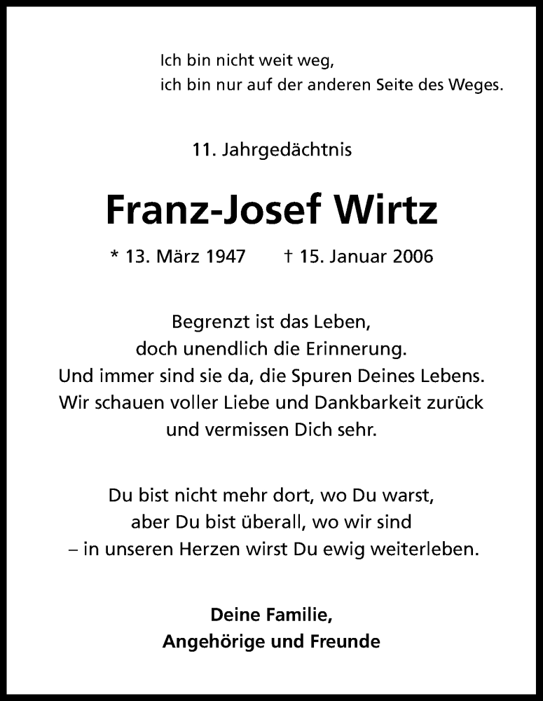  Traueranzeige für Franz-Josef Wirtz vom 14.01.2017 aus Kölner Stadt-Anzeiger / Kölnische Rundschau / Express
