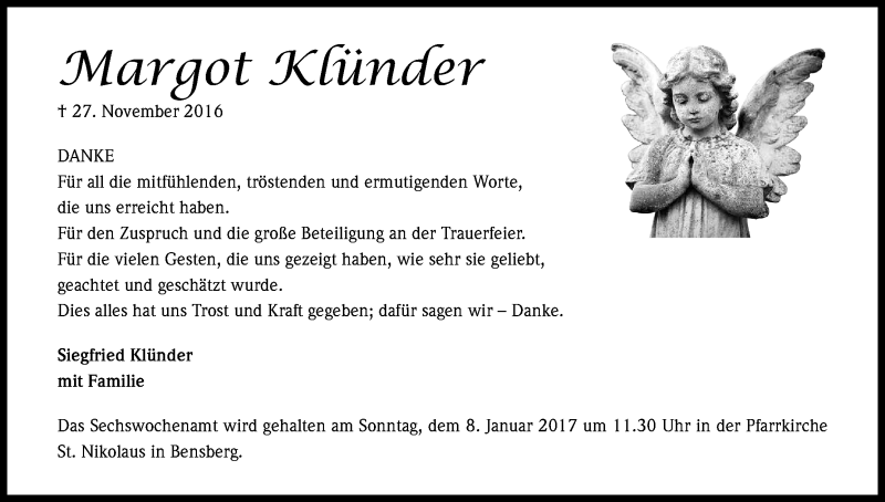  Traueranzeige für Margot Klünder vom 04.01.2017 aus Kölner Stadt-Anzeiger / Kölnische Rundschau / Express