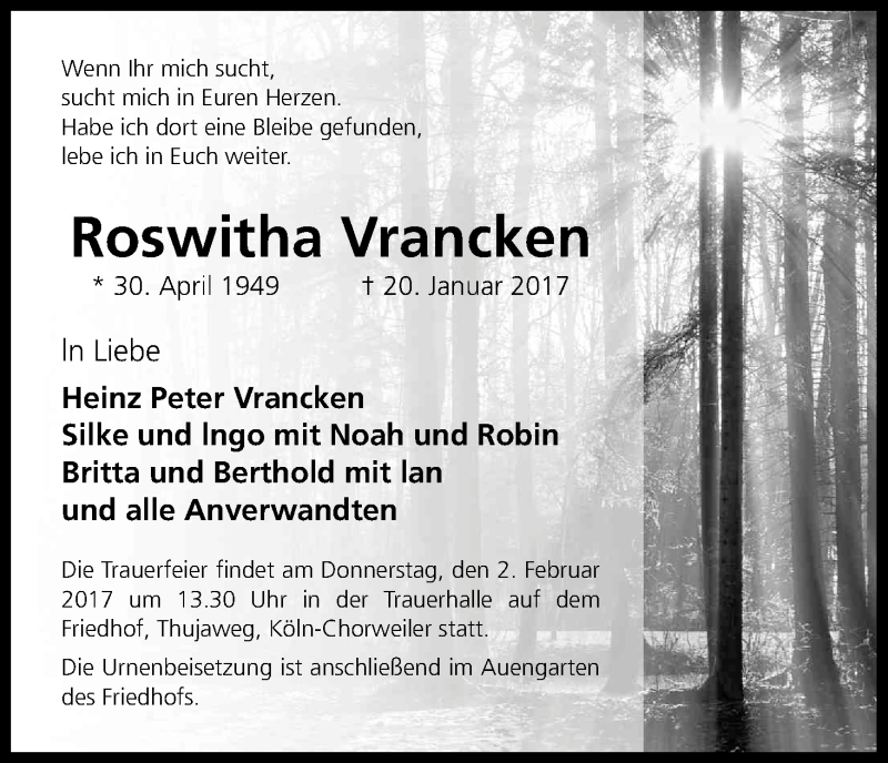  Traueranzeige für Roswitha Vrancken vom 28.01.2017 aus Kölner Stadt-Anzeiger / Kölnische Rundschau / Express