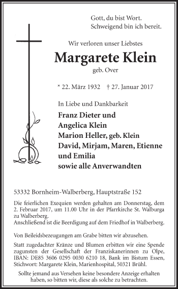 Anzeige von Margarete Klein von  Schlossbote/Werbekurier 