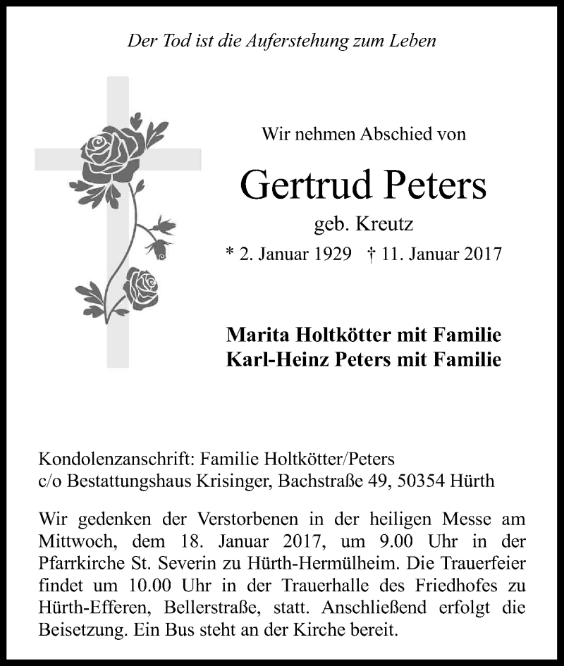  Traueranzeige für Gertrud Peters vom 14.01.2017 aus Kölner Stadt-Anzeiger / Kölnische Rundschau / Express