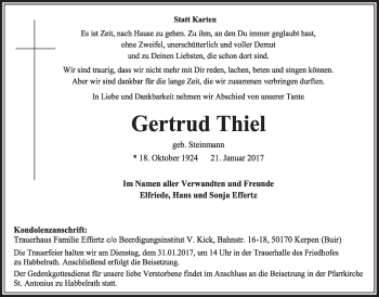 Anzeige von Gertrud Thiel von  Sonntags-Post 