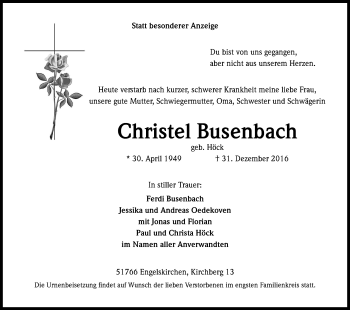 Anzeige von Christel Busenbach von Kölner Stadt-Anzeiger / Kölnische Rundschau / Express