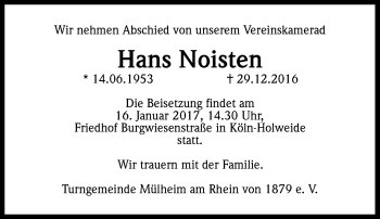 Anzeige von Hans Noisten von Kölner Stadt-Anzeiger / Kölnische Rundschau / Express