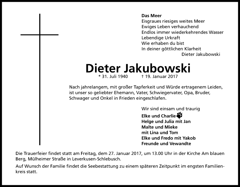  Traueranzeige für Dieter Jakubowski vom 21.01.2017 aus Kölner Stadt-Anzeiger / Kölnische Rundschau / Express