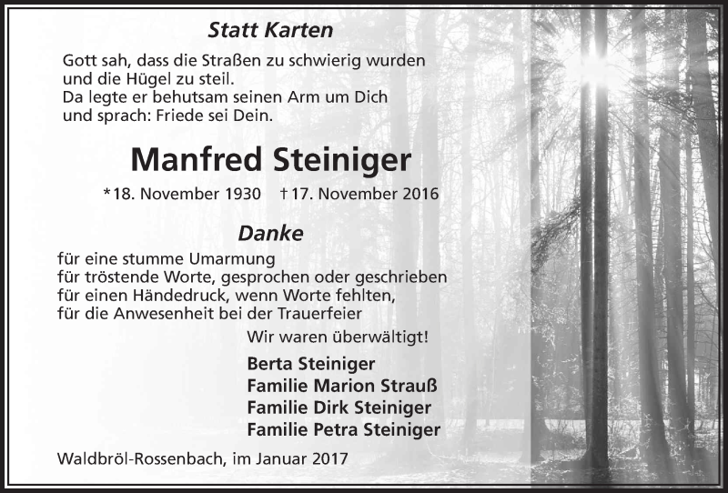  Traueranzeige für Manfred Steiniger vom 25.01.2017 aus  Lokalanzeiger 
