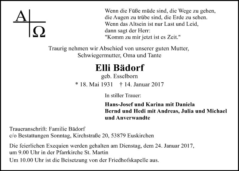  Traueranzeige für Elli Bädorf vom 21.01.2017 aus  Blickpunkt Euskirchen 