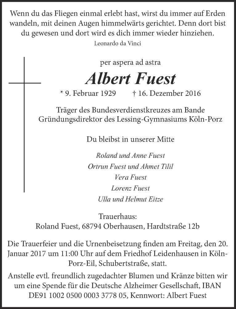  Traueranzeige für Albert Fuest vom 18.01.2017 aus  Kölner Wochenspiegel 