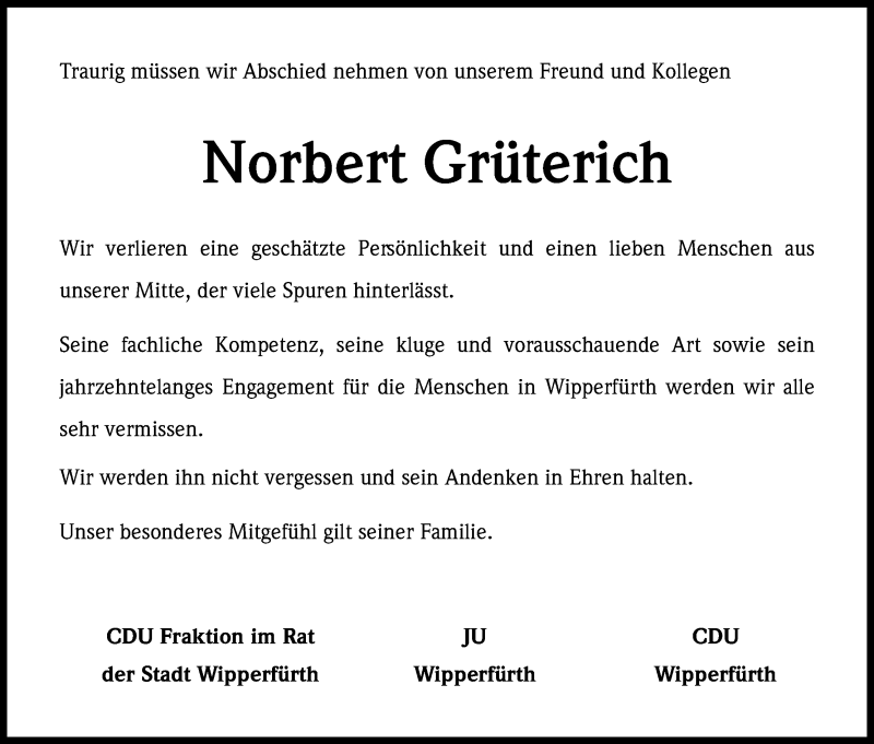  Traueranzeige für Norbert Grüterich vom 04.01.2017 aus Kölner Stadt-Anzeiger / Kölnische Rundschau / Express