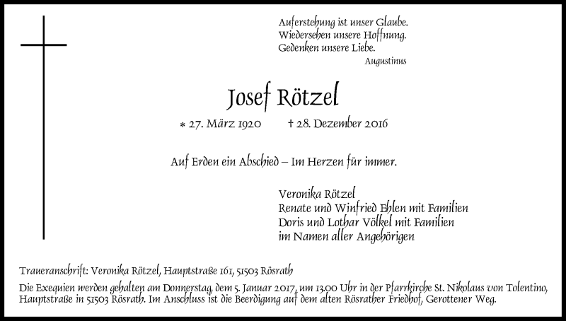  Traueranzeige für Josef Rötzel vom 02.01.2017 aus Kölner Stadt-Anzeiger / Kölnische Rundschau / Express