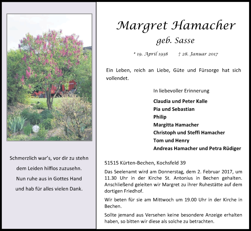  Traueranzeige für Margret Hamacher vom 31.01.2017 aus Kölner Stadt-Anzeiger / Kölnische Rundschau / Express