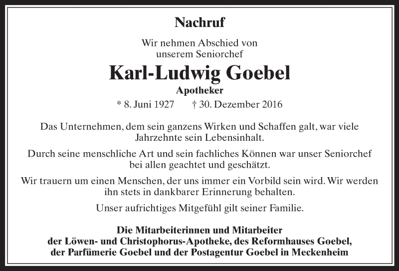  Traueranzeige für Karl-Ludwig Goebel vom 11.01.2017 aus  Schaufenster/Blickpunkt 