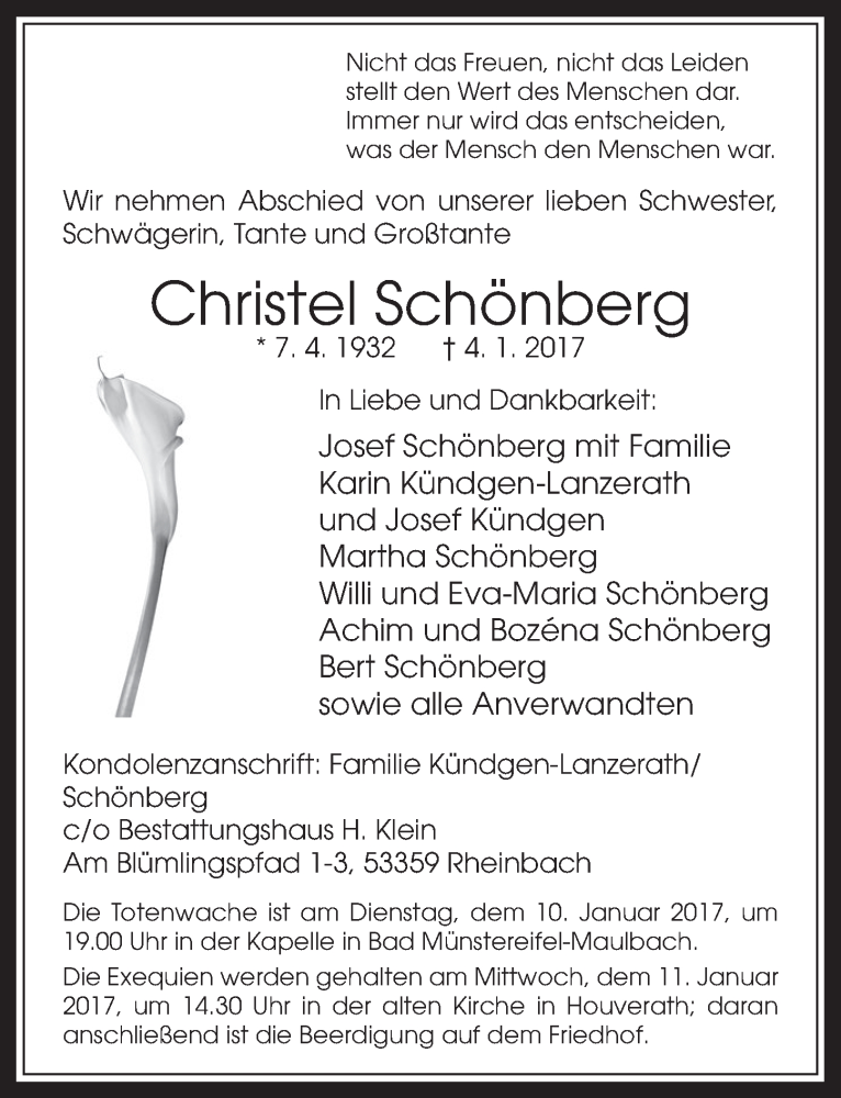  Traueranzeige für Christel Schönberg vom 07.01.2017 aus  Blickpunkt Euskirchen 