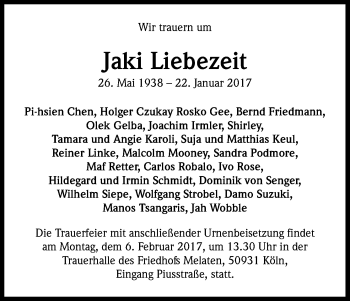 Anzeige von Jaki Liebezeit von Kölner Stadt-Anzeiger / Kölnische Rundschau / Express