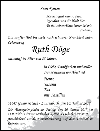 Anzeige von Ruth Döge von  Anzeigen Echo 