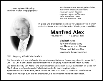 Anzeige von Manfred Alex von Kölner Stadt-Anzeiger / Kölnische Rundschau / Express