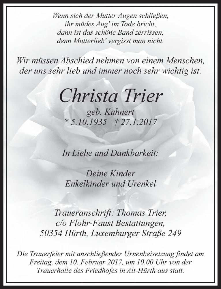  Traueranzeige für Christa Trier vom 01.02.2017 aus  Wochenende 
