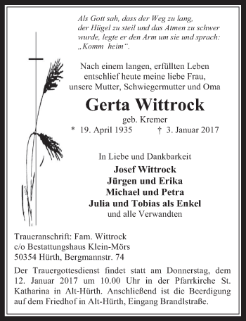 Anzeige von Gerta Wittrock von  Wochenende 