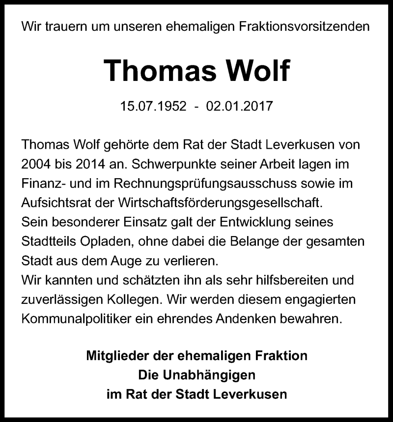  Traueranzeige für Thomas Wolf vom 07.01.2017 aus Kölner Stadt-Anzeiger / Kölnische Rundschau / Express