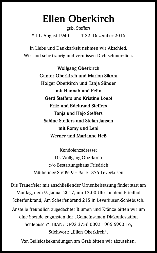  Traueranzeige für Ellen Oberkirch vom 04.01.2017 aus Kölner Stadt-Anzeiger / Kölnische Rundschau / Express