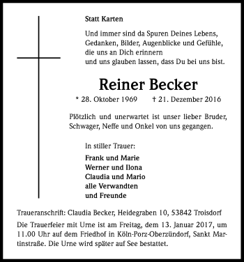 Anzeige von Reiner Becker von Kölner Stadt-Anzeiger / Kölnische Rundschau / Express