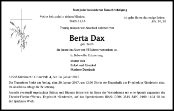 Anzeige von Berta Dax von Kölner Stadt-Anzeiger / Kölnische Rundschau / Express
