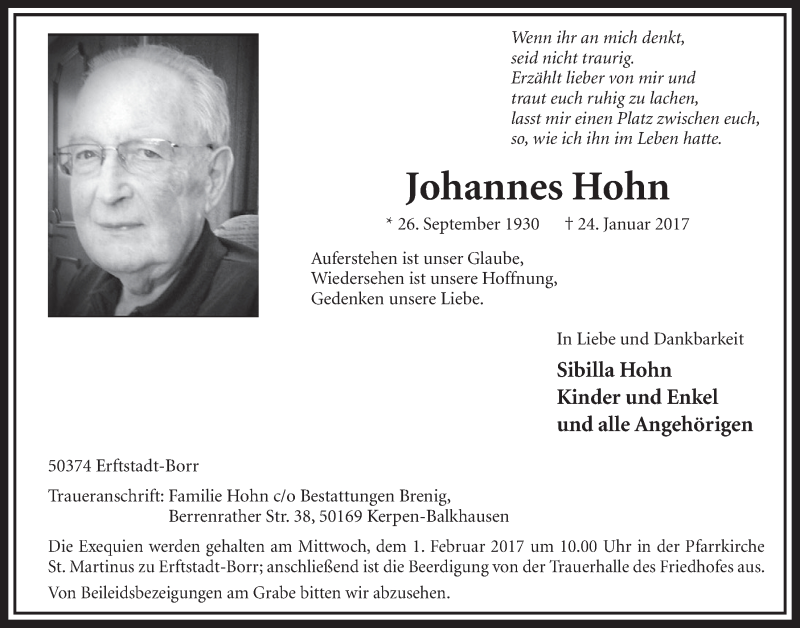  Traueranzeige für Johannes Hohn vom 28.01.2017 aus  Sonntags-Post 