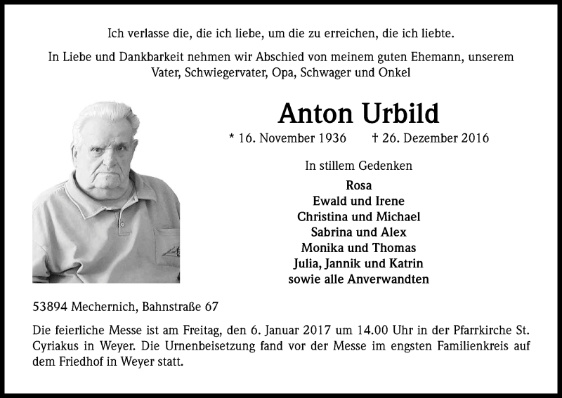  Traueranzeige für Anton Urbild vom 03.01.2017 aus Kölner Stadt-Anzeiger / Kölnische Rundschau / Express