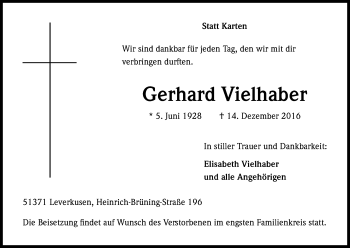 Anzeige von Gerhard Vielhaber von Kölner Stadt-Anzeiger / Kölnische Rundschau / Express