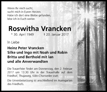 Anzeige von Roswitha Vrancken von Kölner Stadt-Anzeiger / Kölnische Rundschau / Express