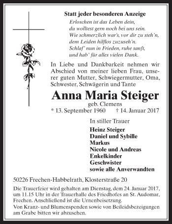 Anzeige von Anna Maria Steiger von  Wochenende 