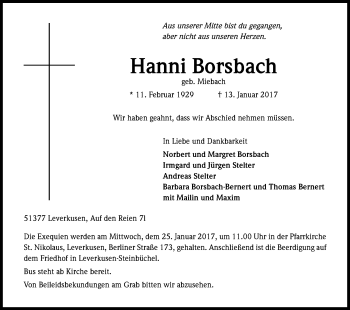 Anzeige von Hanni Borsbach von Kölner Stadt-Anzeiger / Kölnische Rundschau / Express