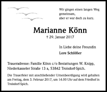 Anzeige von Marianne Könn von Kölner Stadt-Anzeiger / Kölnische Rundschau / Express