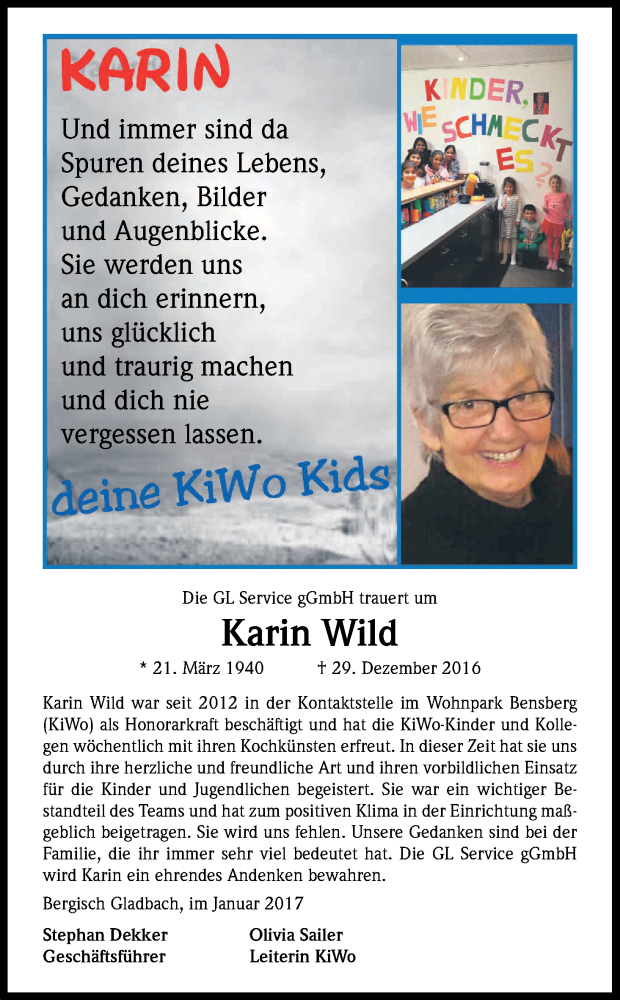  Traueranzeige für Karin Wild vom 14.01.2017 aus Kölner Stadt-Anzeiger / Kölnische Rundschau / Express