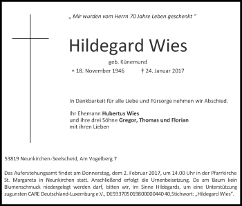 Anzeige von Hildegard Wies von Kölner Stadt-Anzeiger / Kölnische Rundschau / Express