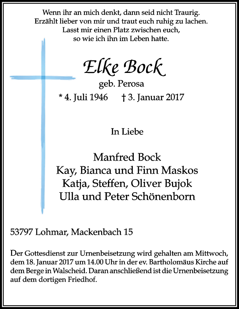 Traueranzeige für Elke Bock vom 14.01.2017 aus Kölner Stadt-Anzeiger / Kölnische Rundschau / Express