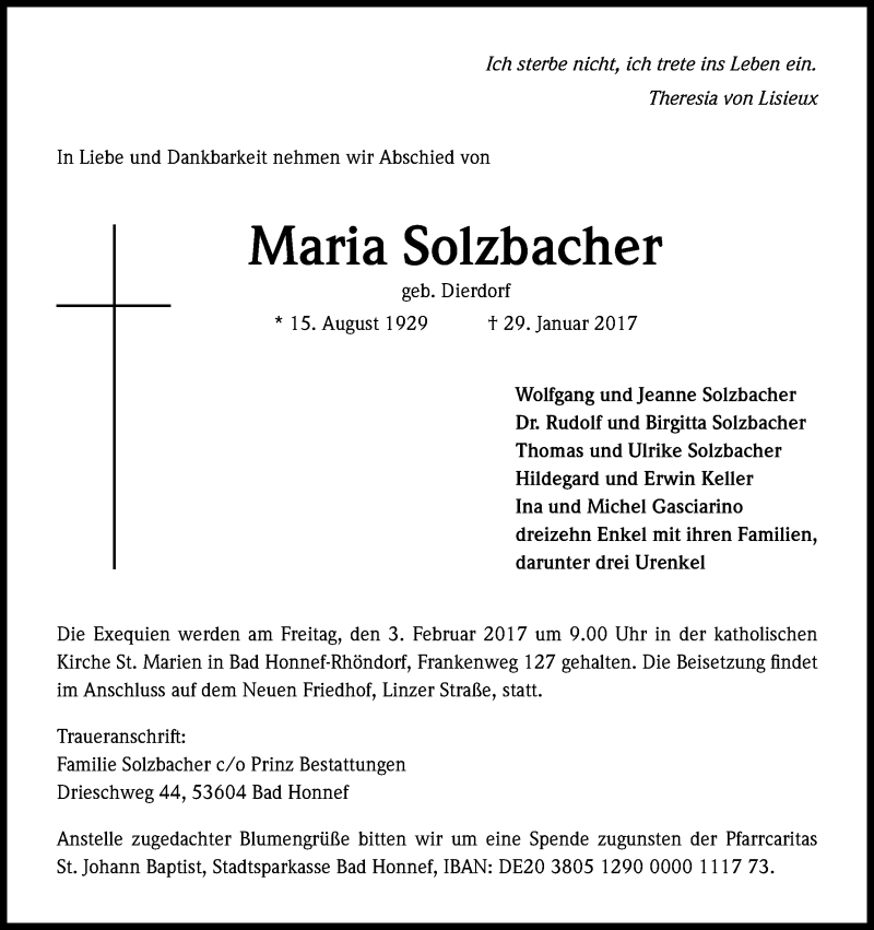  Traueranzeige für Maria Solzbacher vom 01.02.2017 aus Kölner Stadt-Anzeiger / Kölnische Rundschau / Express