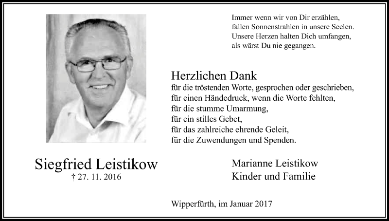  Traueranzeige für Siegfried Leistikow vom 18.01.2017 aus Kölner Stadt-Anzeiger / Kölnische Rundschau / Express