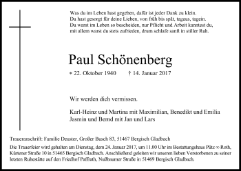 Anzeige von Paul Schönenberg von Kölner Stadt-Anzeiger / Kölnische Rundschau / Express