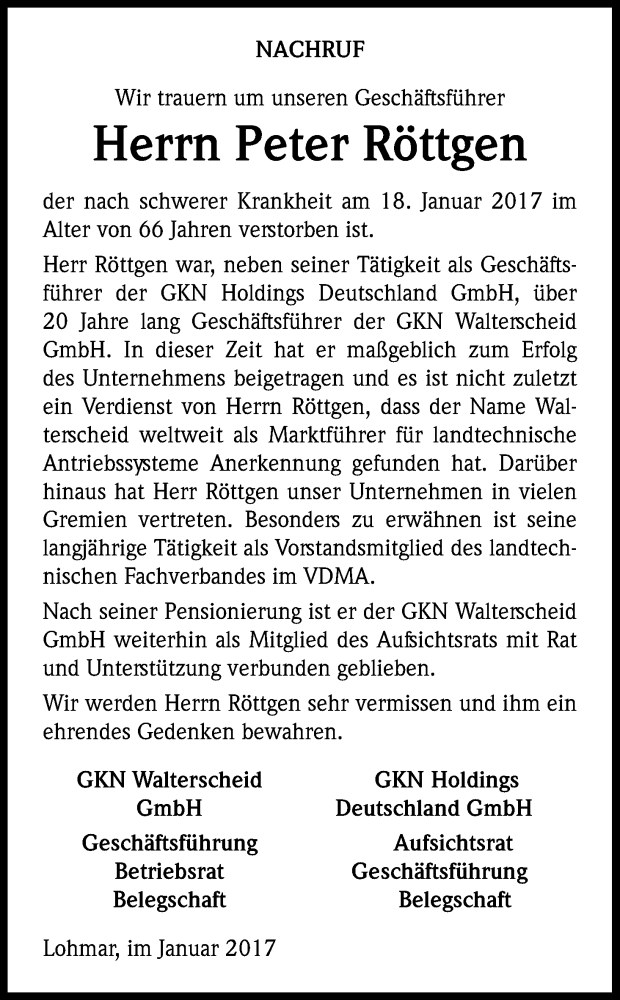  Traueranzeige für Peter Röttgen vom 25.01.2017 aus Kölner Stadt-Anzeiger / Kölnische Rundschau / Express