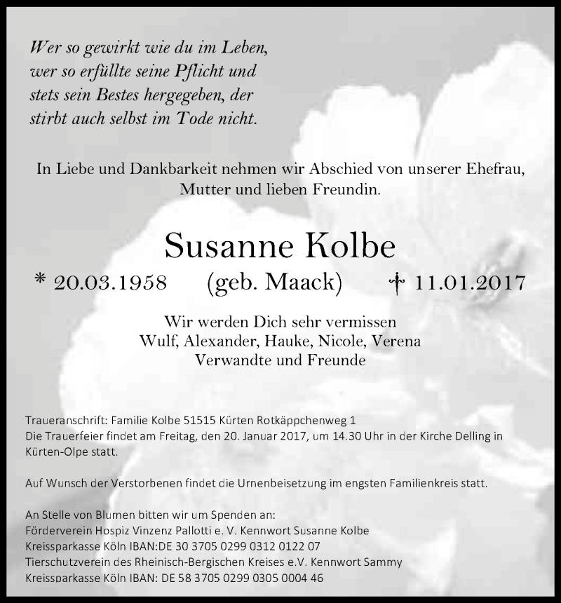  Traueranzeige für Susanne Kolbe vom 18.01.2017 aus Kölner Stadt-Anzeiger / Kölnische Rundschau / Express