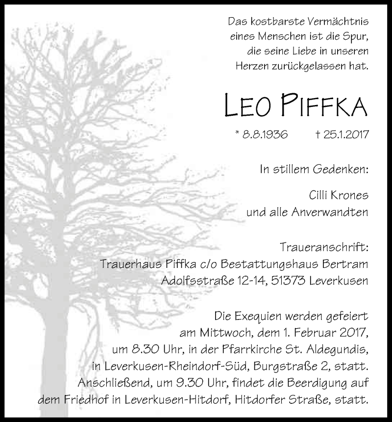  Traueranzeige für Leo Piffka vom 28.01.2017 aus Kölner Stadt-Anzeiger / Kölnische Rundschau / Express