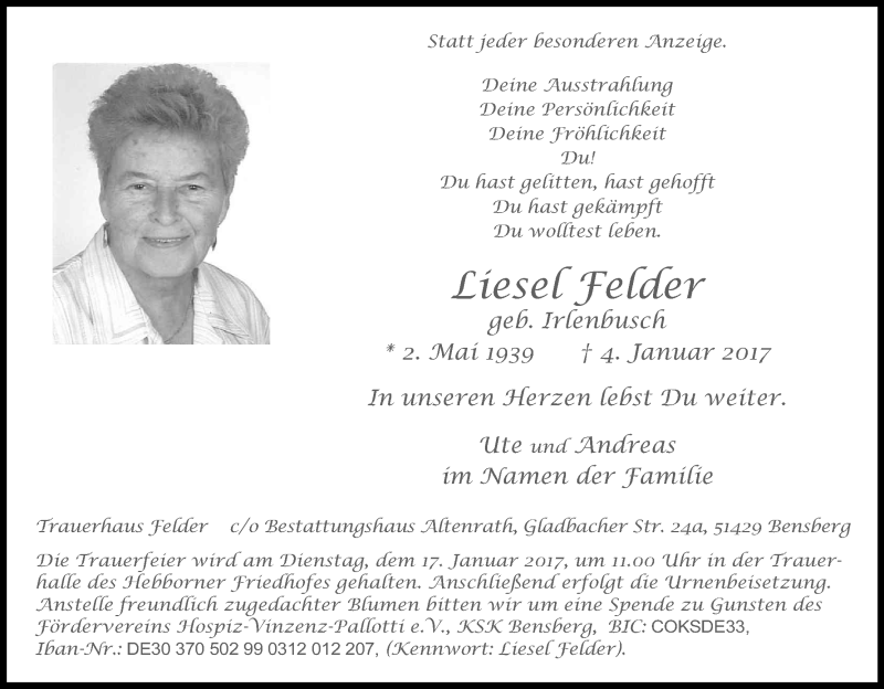  Traueranzeige für Liesel Felder vom 07.01.2017 aus Kölner Stadt-Anzeiger / Kölnische Rundschau / Express