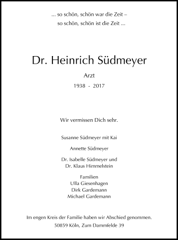 Anzeige von Heinrich Südmeyer von Kölner Stadt-Anzeiger / Kölnische Rundschau / Express